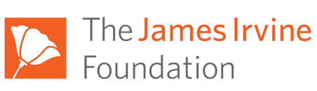 The James Irvine Foundation Logo, orange box with a white flower inside and gray title text.